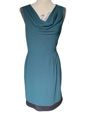 Oasis Dark Teal/Green Cowl Neck Embellished Sleeveless Pleated Dress (6/8)